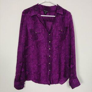 WHBM Women's Blouse Size 12 Silk Purple Black Snake Print Button Down Luxurious